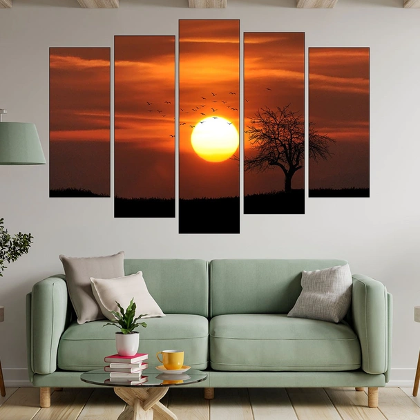 Залез над самотно дърво и птици - картина пано за стена - Image 3