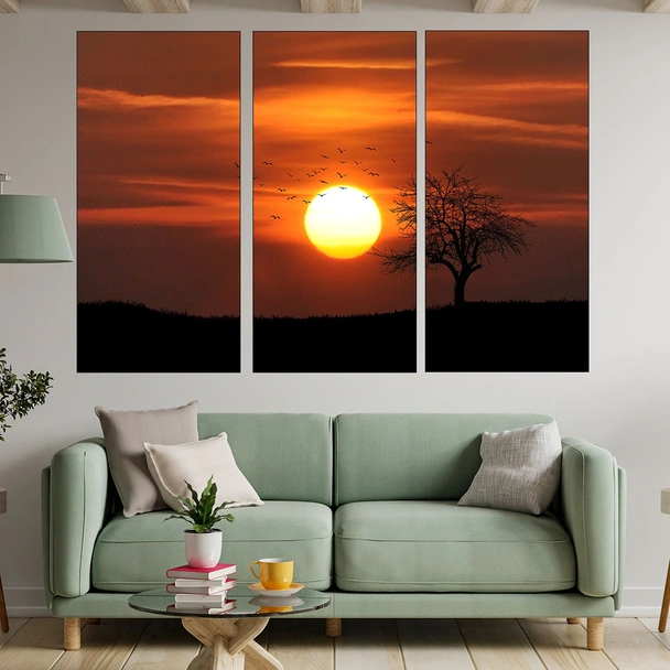 Залез над самотно дърво и птици - картина пано за стена - Image 2