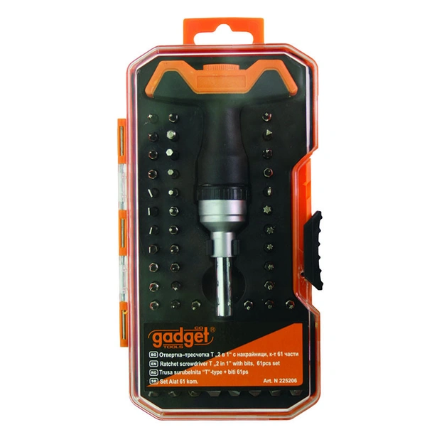 Отвертка-тресчотка Т дръжка 2 в 1 с накрайници 61 части Gadget
