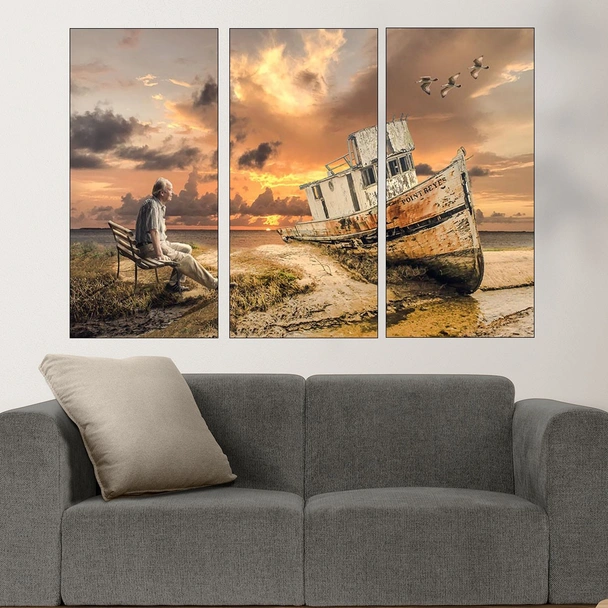 Старец и лодка на брега - картина пано за стена - Image 2