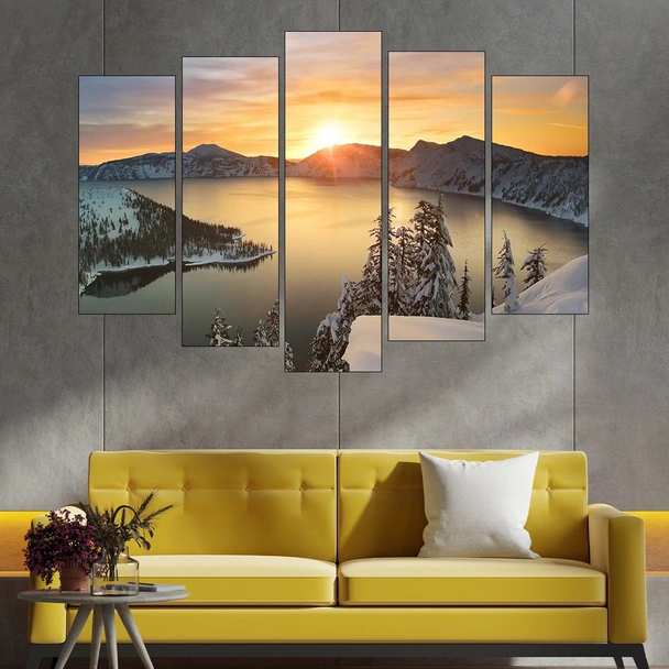 Изгрев над снежно езеро - картина пано за стена - Image 3