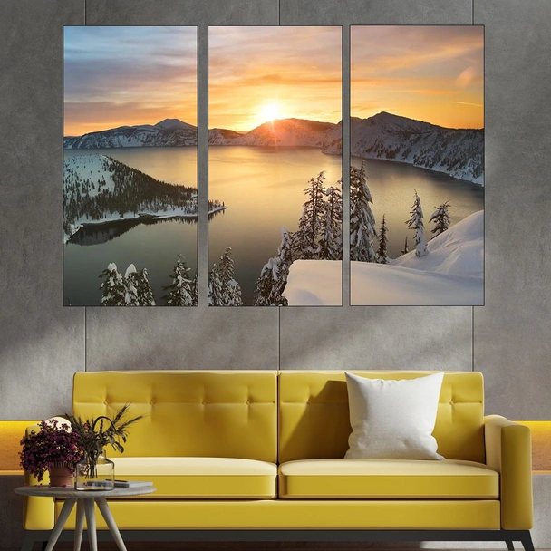 Изгрев над снежно езеро - картина пано за стена - Image 2