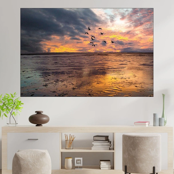 Залез и птици над водата - картина пано за стена