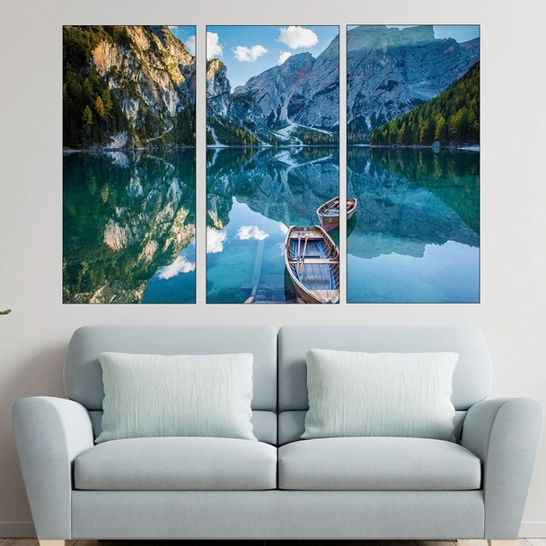 Лодка в планинско езеро - картина пано за стена - Image 2