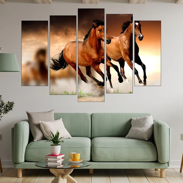 Препускащи коне по залез - картина пано за стена - Image 3