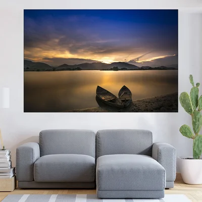 Бряг с лодки по залез - картина пано за стена