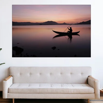 Силует на рибар в езеро - картина пано за стена