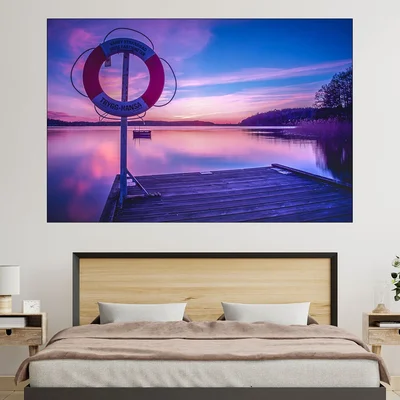 Залез над кей в шведско езеро - картина пано за стена