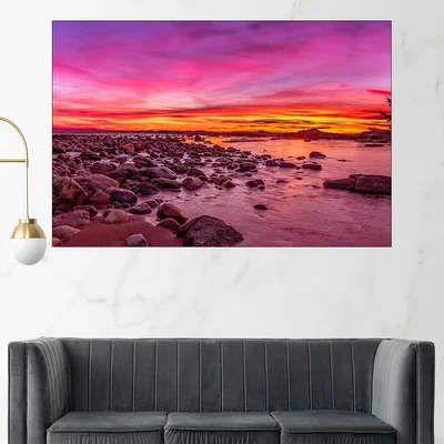 Красив залез над каменист бряг - картина пано за стена