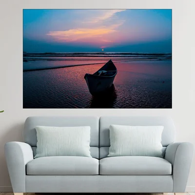 Залез над лодка на брега - картина пано за стена