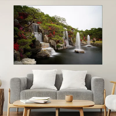 Водопад и цветя - картина пано за стена