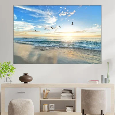 Изгрев и птици край морето - картина пано за стена