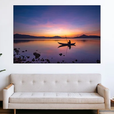 Рибар с лодка по залез - картина пано за стена