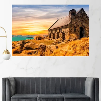 Каменна църква край езерото - картина пано за стена