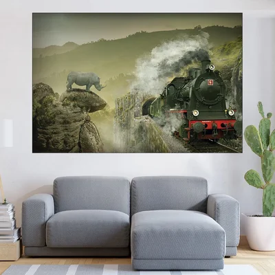 Влак и носорог -абстракция - картина пано за стена