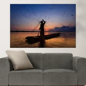 Рибар с мрежа по залез - картина пано за стена - Thumbnail 1